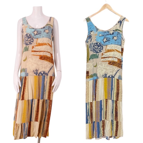 Jams World 1980s Earth Tone Les Chat Cat Sleeveless Midi Tank Dress Medium - Picture 1 of 3